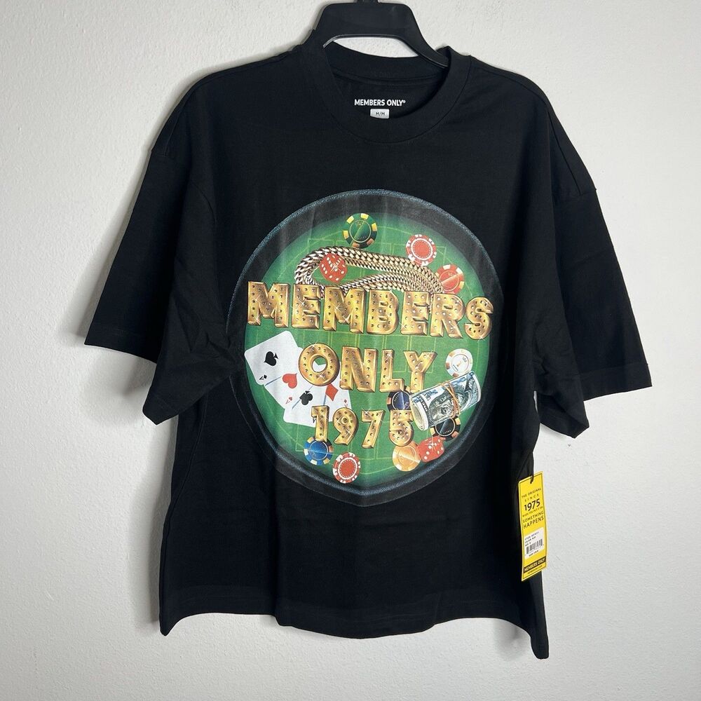 Members Only Graphic Poker T-Shirt With Rhinestone  Black Size Medium Over Size